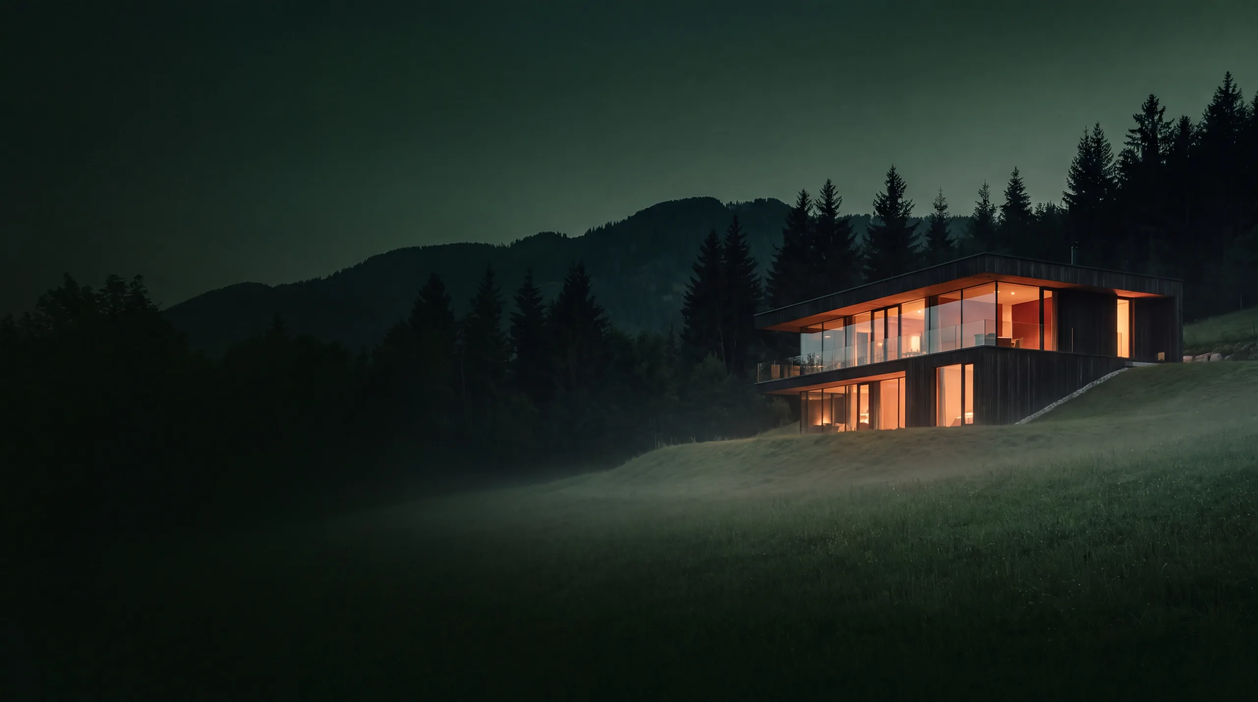 Erleuchtetes Wohnhaus am Waldrand in der blauen Stunde, Nebel über der Wiese