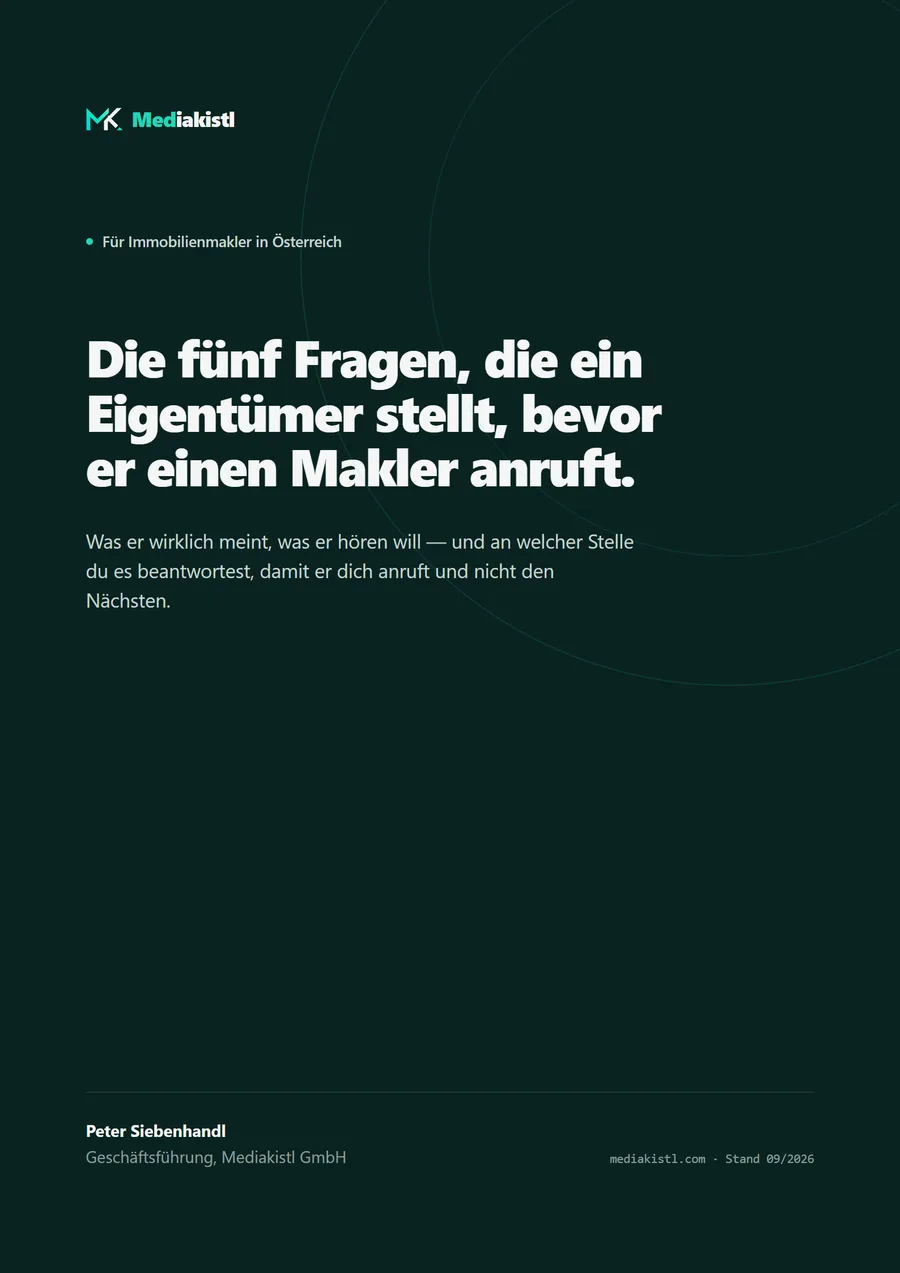 Titelseite des PDFs: Die fünf Fragen, die ein Eigentümer stellt, bevor er einen Makler anruft