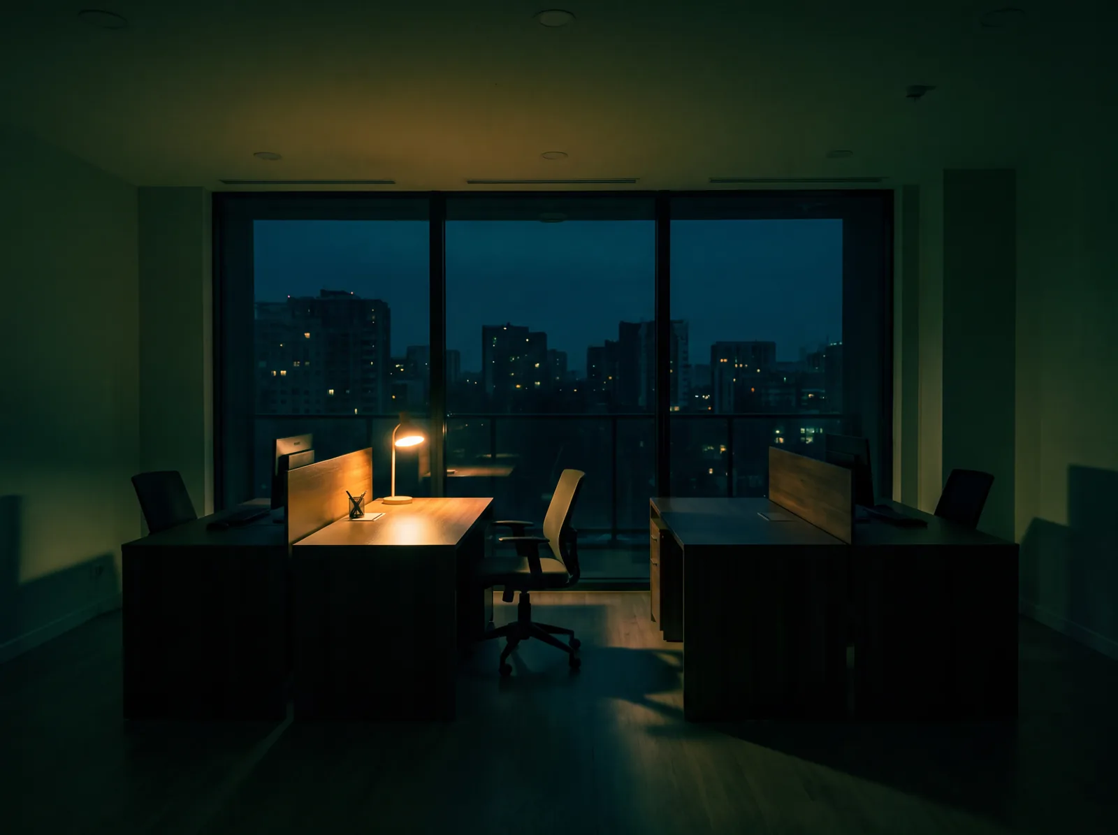 Leeres Maklerbüro am Abend, eine einzelne Schreibtischlampe brennt