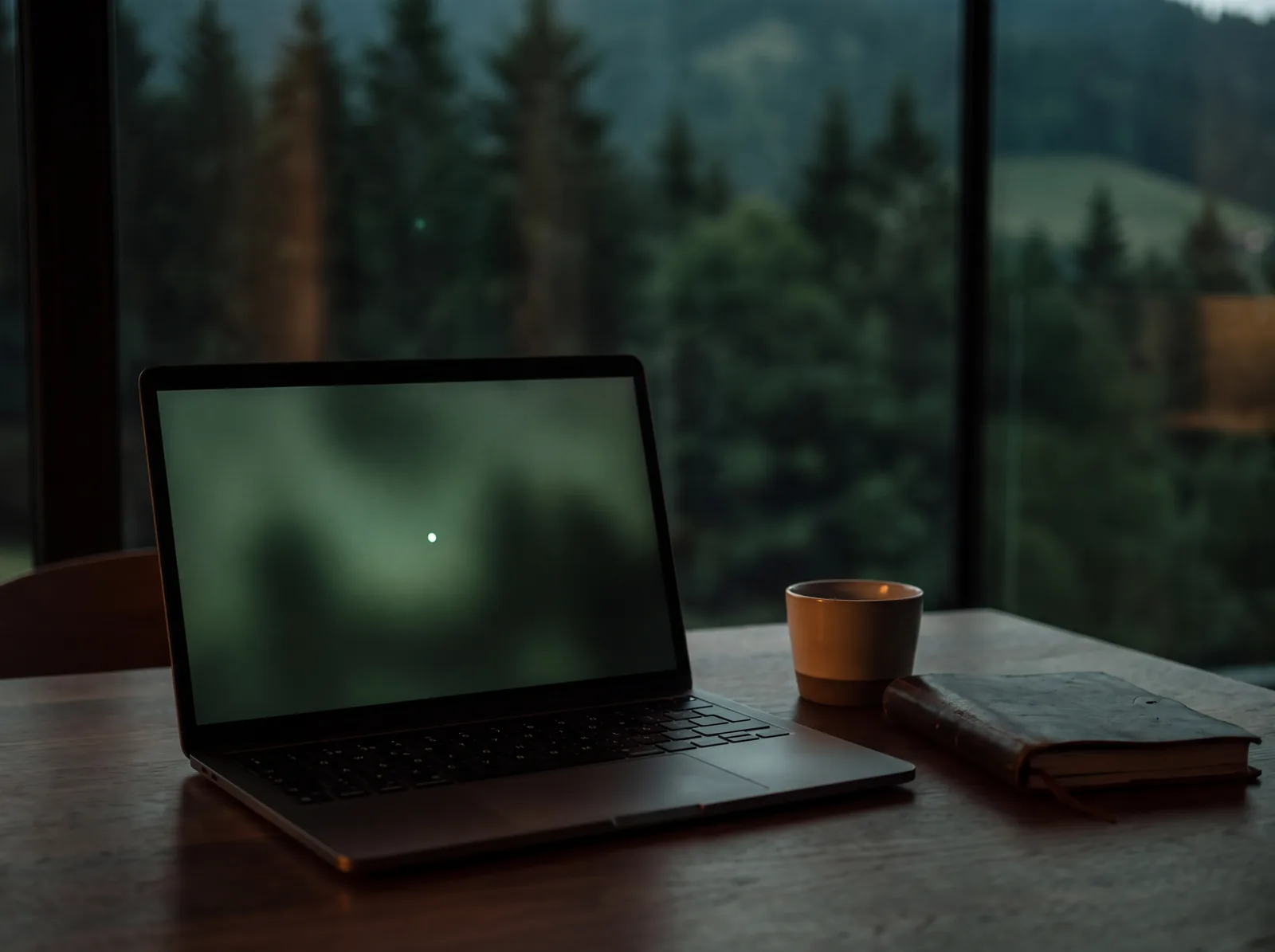 Aufgeklappter Laptop auf einem Holztisch vor einem Fenster in der Dämmerung