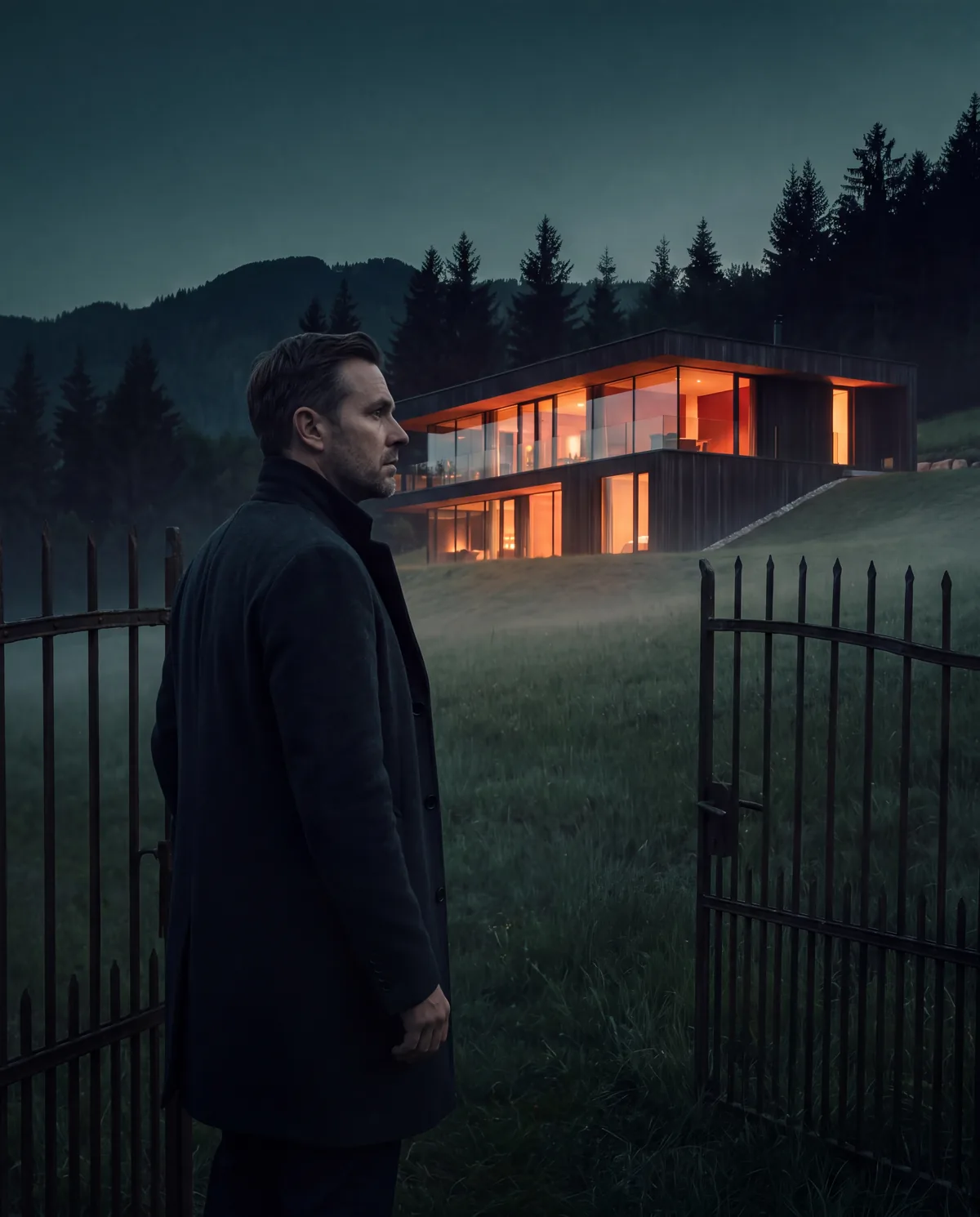 Immobilienmakler am Gartentor eines Einfamilienhauses, Blick zum erleuchteten Haus